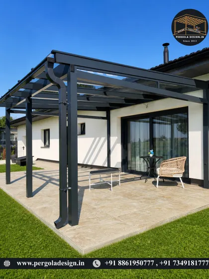 This glass roof pergola is designed for durability and elegance. The integrated gutter system ensures proper water drainage, making it a practical and long-lasting solution for extending your home's living space outdoors.