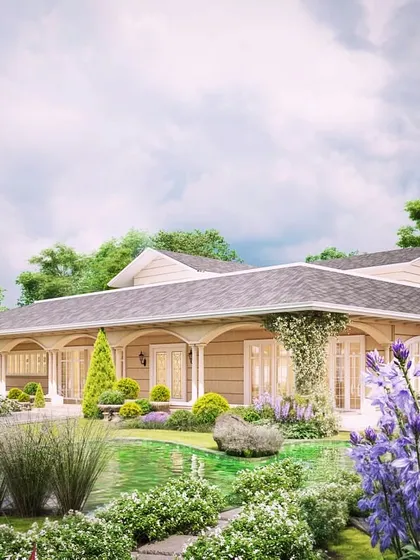 A 3D visualization of an upcoming farmhouse project in Gurugram, featuring a classic design with a sprawling lawn, a small pond, and colorful flower beds.