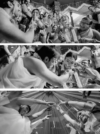 A black and white collage capturing the energy and pure joy of the wedding rituals, from laughter during the garland exchange to the fun of the Akshata ceremony.