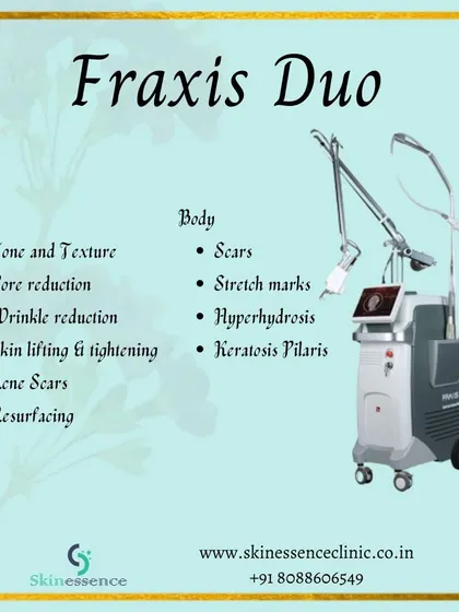 This infographic details the capabilities of the Fraxis Duo, a machine I use for advanced skin treatments. It can address a wide range of concerns on the face and body, from acne scars and wrinkles to stretch marks and keratosis pilaris.