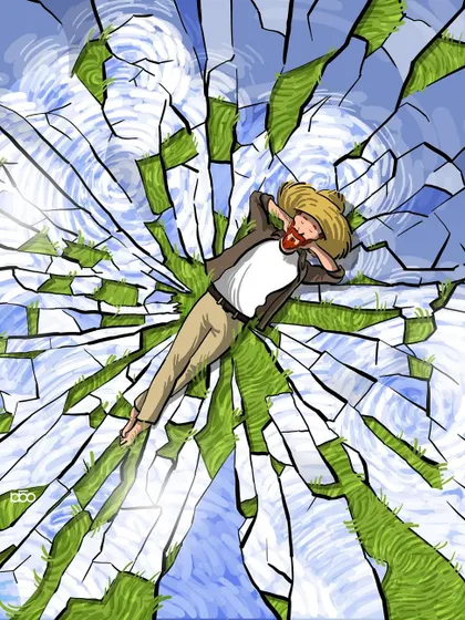 A figure lies on what appears to be shattered glass, but the pieces reflect a blue sky and green grass. It is a visual expression of my motto: "I dance with my defeats."