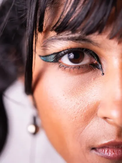 A close-up on the details of a creative makeup look I styled. This shot highlights my passion for artistic expression and my ability to work on conceptual fashion and beauty shoots.