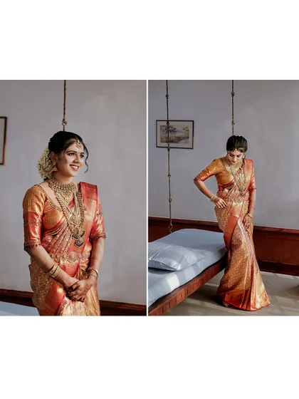 A diptych of the bride's elegant poses on a traditional swing.