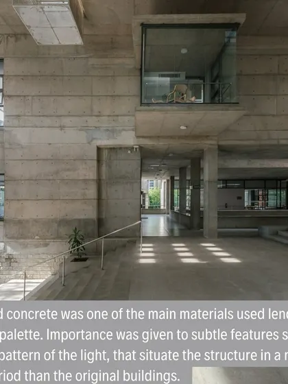 Exposed concrete was the main material used in the classroom complex, lending a neutral palette. We gave importance to subtle features, like the square pattern of light, to differentiate it from the original buildings.
