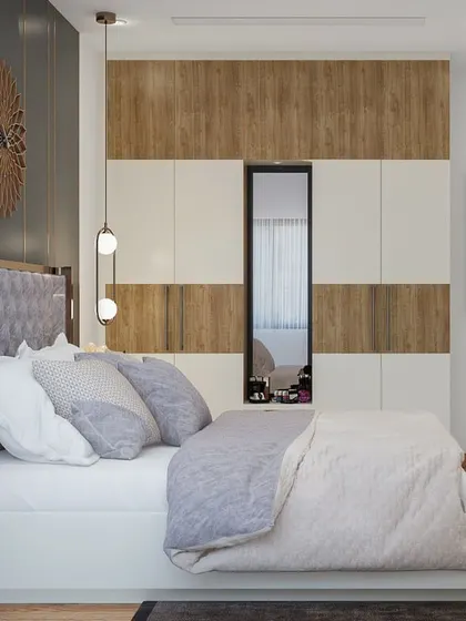 A 3D render of a bedroom with a wardrobe that features alternating bands of wood and white laminate, with a central mirror panel for dressing.
