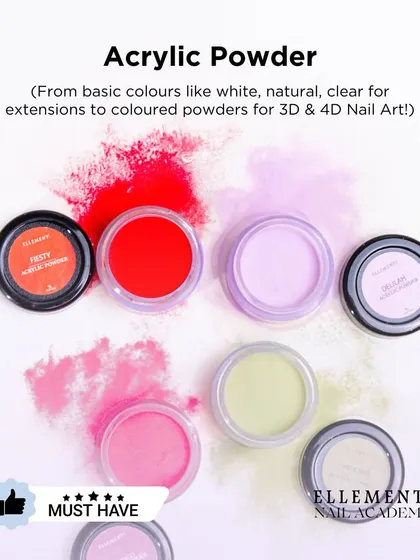 Acrylic Powder is a versatile must-have, from basic colors for extensions to colored powders for 3D and 4D nail art.