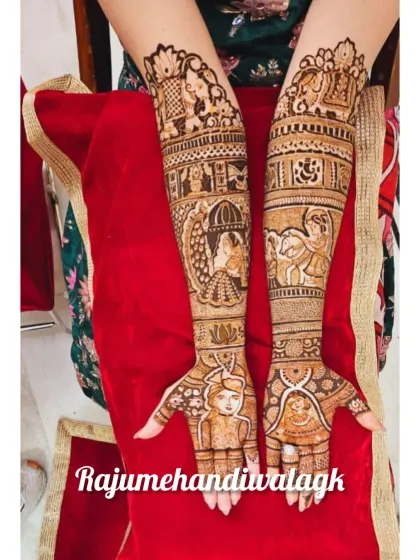Here, the bride and groom are shown on the palms, with the arms depicting the baraat procession and the doli ceremony. It's a classic way to tell the wedding story.
