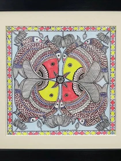 We take immense pride in keeping traditional Indian art forms alive. This vibrant Madhubani painting, with its intricate patterns and symbolic fish motifs, is a beautiful example of the rich cultural heritage you can learn to create with us.