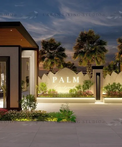 Another view of the proposed commercial entrance in Meerut. This angle highlights the layered design, with lush planters and integrated lighting creating depth and visual interest against the branded wall.