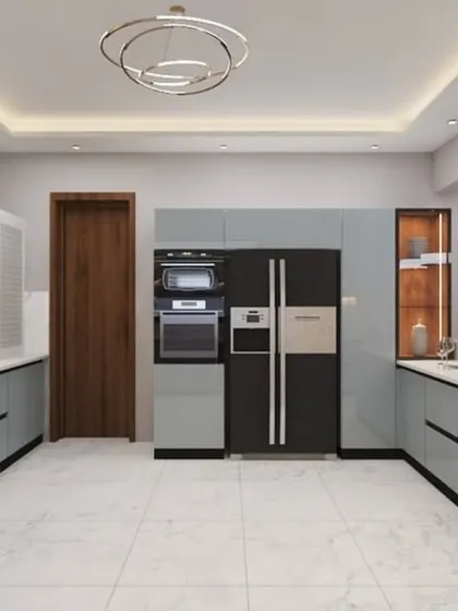 A wide-angle 3D render of a large U-shaped kitchen in a sophisticated powder blue. This visualization showcases the integration of tall units, an island, and pendant lighting.