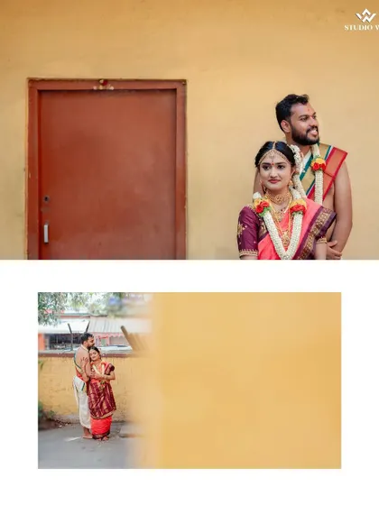 A collage of the couple in a rustic setting, their traditional attire standing out against the simple background.