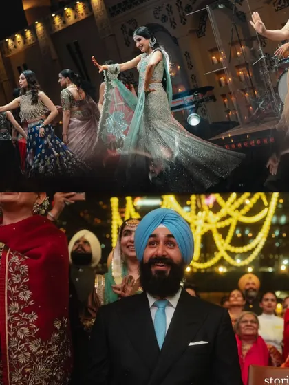 Candid moments from the 'Mid-Century Mod' sangeet, where the bride's performance lights up the stage. The design aimed for quiet luxury, creating a laid-back yet elegant vibe for the celebration.