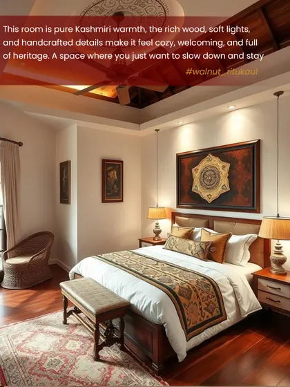 Another view of a Kashmir-inspired bedroom, this time with a focus on rich textiles and warm lighting. The space is designed to feel cozy and welcoming, with handcrafted details that celebrate heritage.