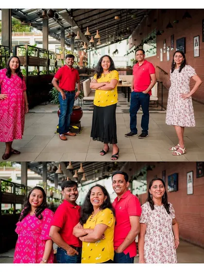 A modern family portrait session in a stylish corridor. We offer lifestyle shoots for families who want to capture their memories in a contemporary way.