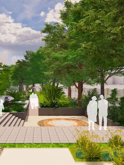 A render of a multi-level terrace with mosaic details and lush planting. We use changes in elevation to create dynamic spaces and separate zones for different activities.