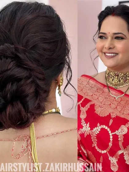 A collage showing a textured braided updo from the back and the client's happy expression. This is a great style for a festive occasion like Karwa Chauth.