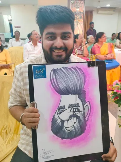 This guest's impressive hairstyle was the main feature of his caricature. It's always fun to exaggerate unique features.