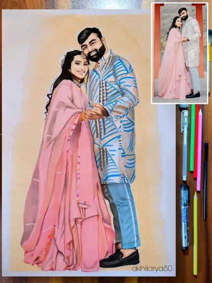 This full-length A2 size couple portrait showcases their elegant outfits against a soft, warm background. The use of colored pencils helps in capturing the fine details and patterns of their clothes.