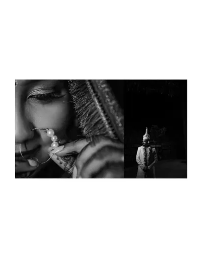 A dramatic black and white diptych, featuring a close-up of the bride's nose ring and a solitary portrait of the groom.