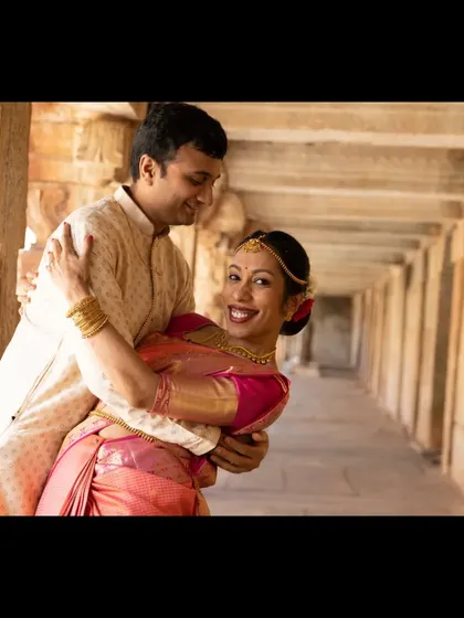 A playful moment from our pre-wedding shoot. We can help you with poses and movements that feel natural and reflect your personality as a couple.