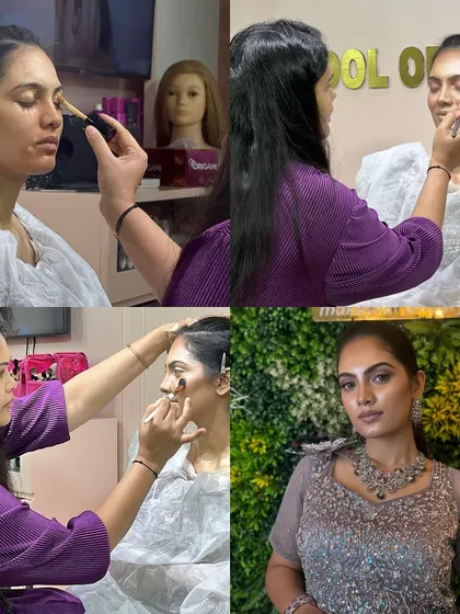 This collage shows the complete process taught in our live demonstrations, from bare skin to a fully realized, camera-ready bridal look.