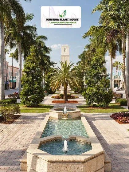 This grand public plaza features a long water fountain, symmetrical walkways, and rows of palm and evergreen trees. We design and execute large-scale beautification projects like this for smart cities and public institutions.