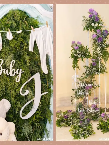 Details from the 'Baby J' baby shower, including a custom green wall backdrop and an elegant floral welcome stand. The design combines natural textures with soft, sophisticated touches.
