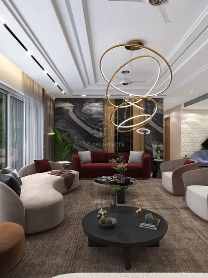 A multi-functional living space with distinct zones for seating and conversation. The color palette is a sophisticated mix of browns, beiges, and reds, with a large, curved sofa anchoring the room.
