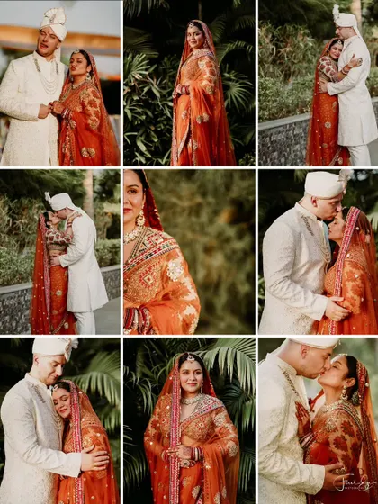 A collage of romantic portraits of Megha and Grady, capturing their love and affection during their outdoor wedding photoshoot.