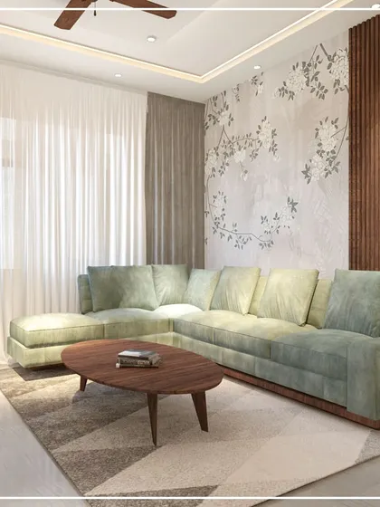 A 3D design for a modern living room with a serene feel. The soft green L-shaped sofa, wooden accents, and hand-painted wall motif create a calming and nature-inspired space.