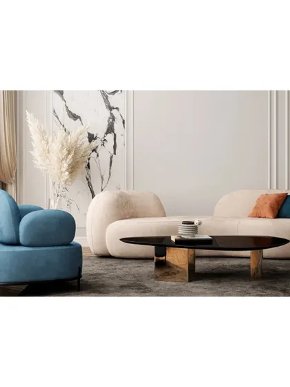 This image highlights our use of sculptural furniture. The organically shaped sofa and armchair in contrasting colors create a modern, artful, and comfortable seating arrangement.