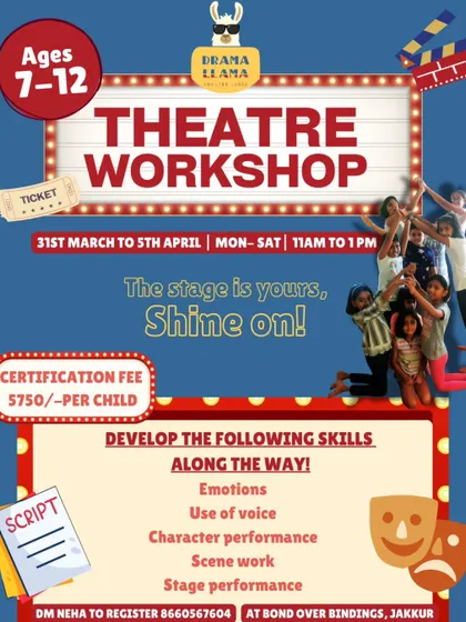 A poster for our Theatre Workshop summer camp with Drama Llama Theatre. This week-long camp helps young performers aged 7-12 develop skills in acting, voice use, and stage performance, culminating in a certification.