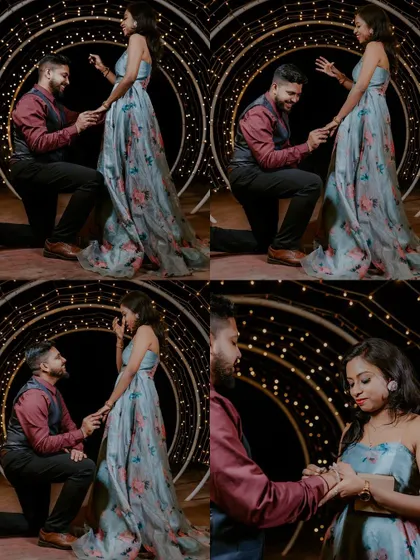 A four-panel collage detailing the story of a surprise proposal, from getting on one knee to the emotional reaction.