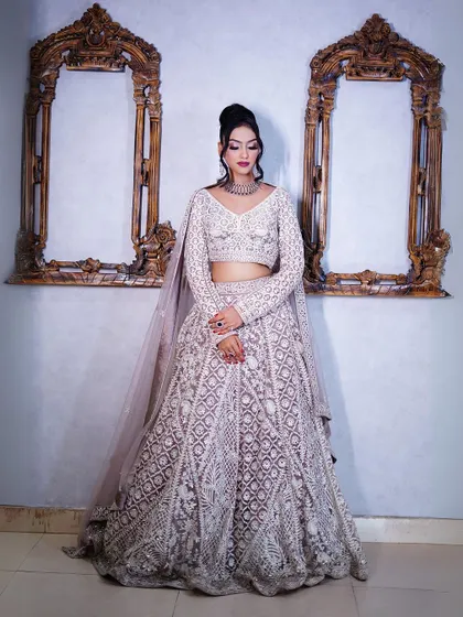 Another full-length view of the pastel lavender lehenga, a sophisticated and elegant choice.