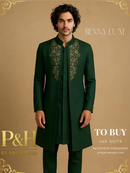 This dark green Indo-Western jacket with a front-open kurta is a sophisticated choice for a Sangeet night. The golden floral embroidery on the chest adds a touch of regal elegance.