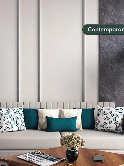 This contemporary living room design is all about clean lines and subtle sophistication. I used a neutral grey sofa with pops of teal in the cushions, paired with a dark wood coffee table, to create a balanced and calming atmosphere.