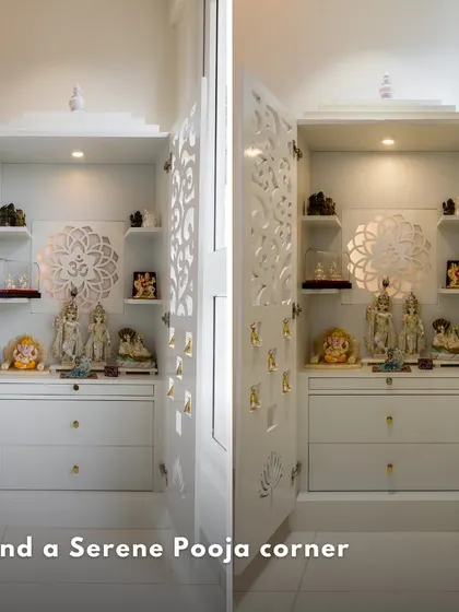 A serene white carved pooja unit, with intricate jaali doors and ample storage, creating a peaceful corner in this holiday-ready home.