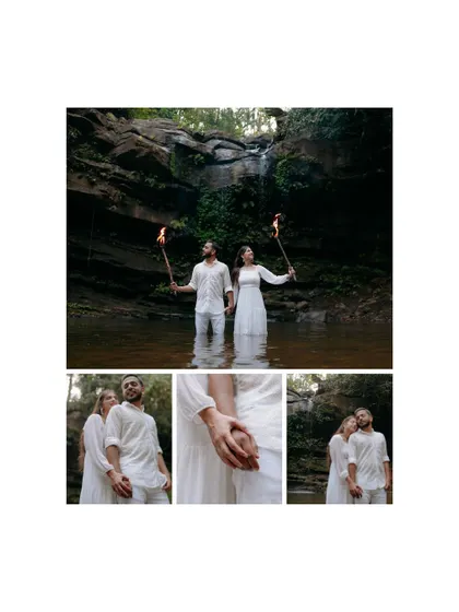 A collage showcasing a dramatic and adventurous concept shoot with torches. It captures the cinematic feel of the session, along with close-up details of their connection.