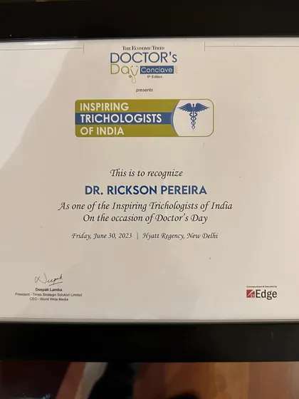 The certificate recognizing me as one of the Inspiring Trichologists of India. This award motivates me to continue striving for excellence and doing the very best for my patients.