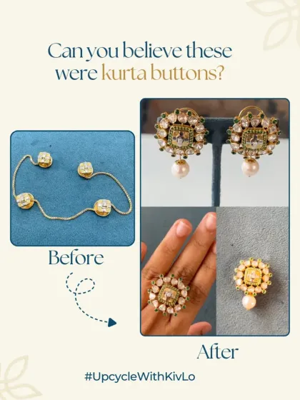 Can you believe these were once men's kurta buttons? A client brought them to us before a wedding, and we turned them into a stunning and versatile set with a ring, earrings, and a pendant, complete with uncut diamonds and South Sea pearls.