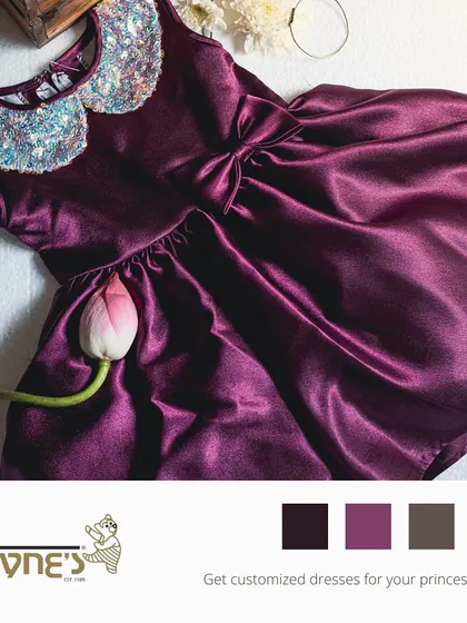 A graphic inviting you to get a customized dress for your princess, featuring a stunning wine-colored satin dress with a sequin collar.