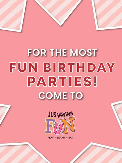 For the most fun birthday parties, come to Jus Having Fun! This graphic sums up our promise: we make birthdays extra special with colorful themes, entertainment, and mouth-watering food.