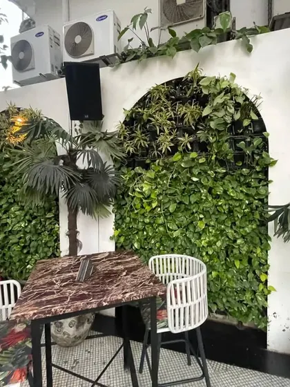 This living wall at Diablo incorporates a mix of different plant species, creating varied textures and shades of green within the arched frame.