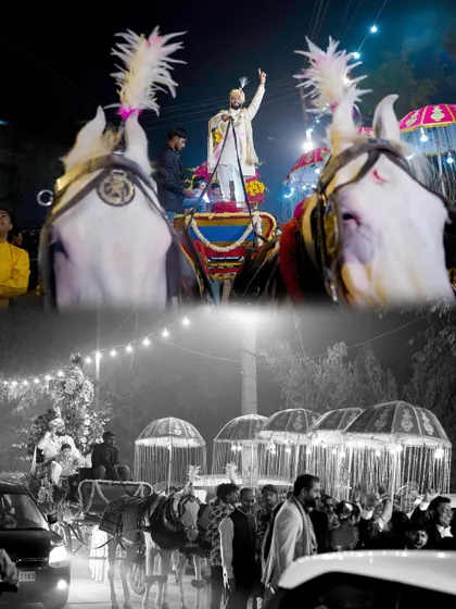 A collage capturing the energy of the groom's Baraat, with the procession arriving on horseback.