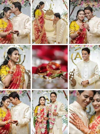A large collage showcasing the story of an engagement, from portraits and ring details to romantic moments.
