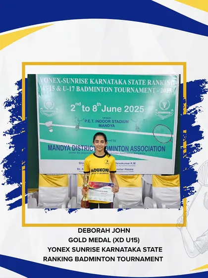 Champion alert. Deborah John proudly displays her gold medal for winning the U15 Mixed Doubles title at the Yonex Sunrise Karnataka State Ranking Tournament in Mandya.