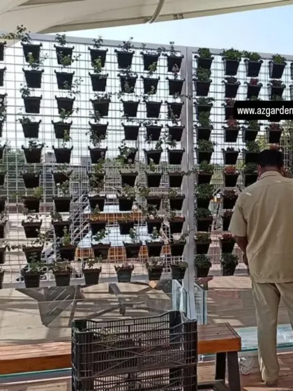 This image shows the framework of a large vertical garden during installation. The metal grid is mounted, and my team is placing each potted plant into its designated spot to create the final design.