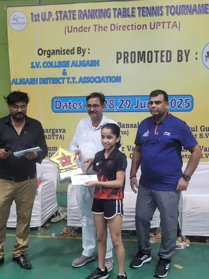 Pehel Gupta, our U-13 Girls powerhouse, accepting her Gold Medal at the 1st UP State Ranking Tournament. Her skill and determination were on full display.