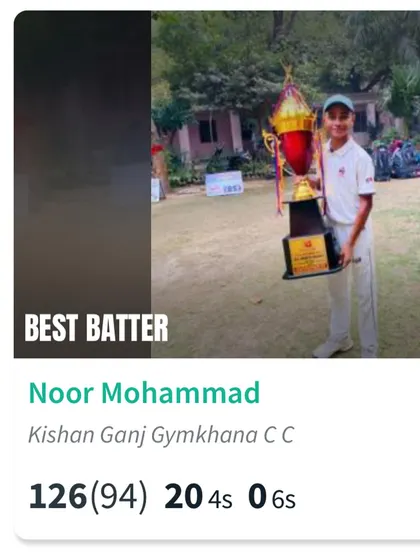 The 'Best Batter' award card for Noor Mohammad after his brilliant innings of 126 runs.