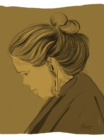A digital portrait study of a woman with traditional earrings and her hair in a bun. This piece focuses on capturing a quiet, downward gaze using soft lines and a muted color palette.